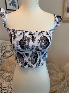 Aakaa Black & White Smocked Floral Crop Top with Tie Straps